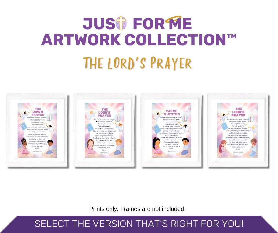 Framed prints of 'The Lord's Prayer' with colorful designs and children illustrations, labeled 'Just For Me Artwork Collection'.