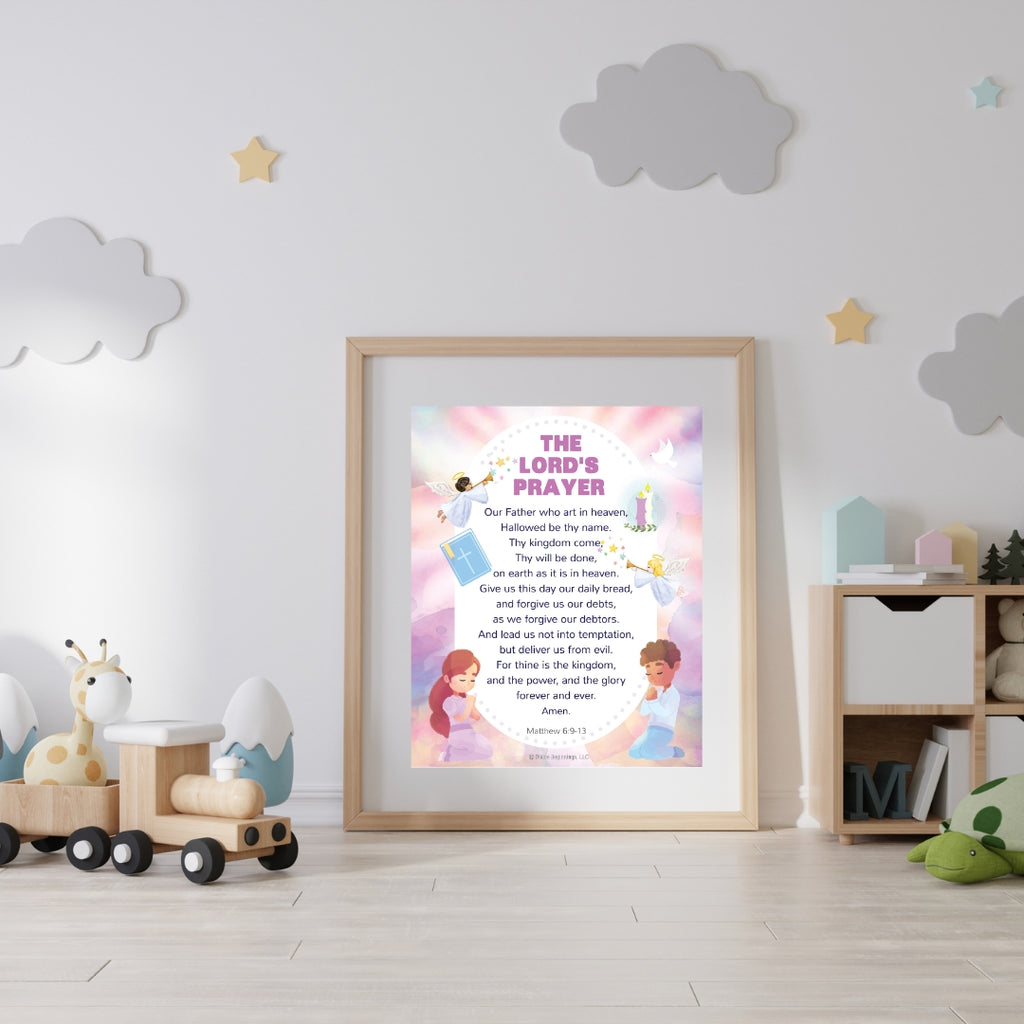Framed print of 'The Lord's Prayer' with colorful illustrations in a child's room.