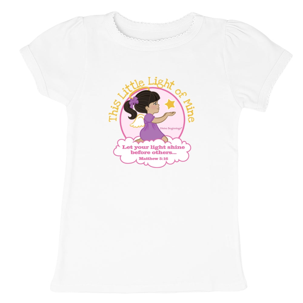 White t-shirt with a graphic of a girl in a purple dress holding a star and text on a white background