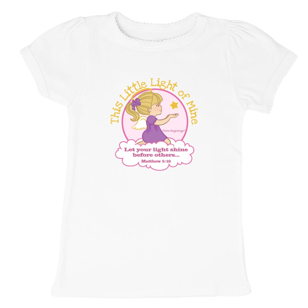 White t-shirt with a graphic of a girl in a purple dress and text on a white background