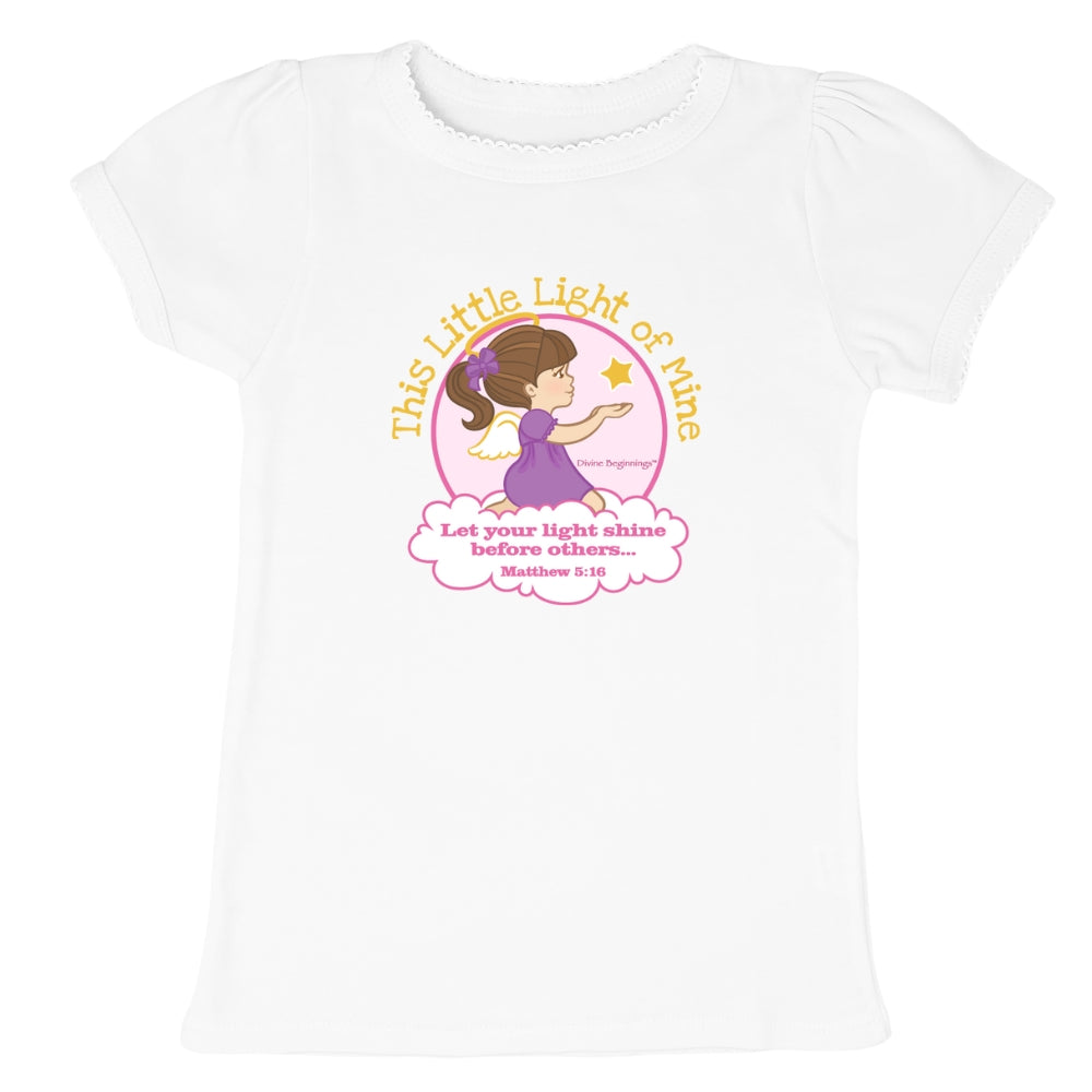White t-shirt with a graphic of a girl in a purple dress and text on a white background