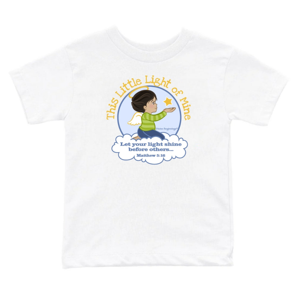 White t-shirt with a child holding a star design and text on a white background