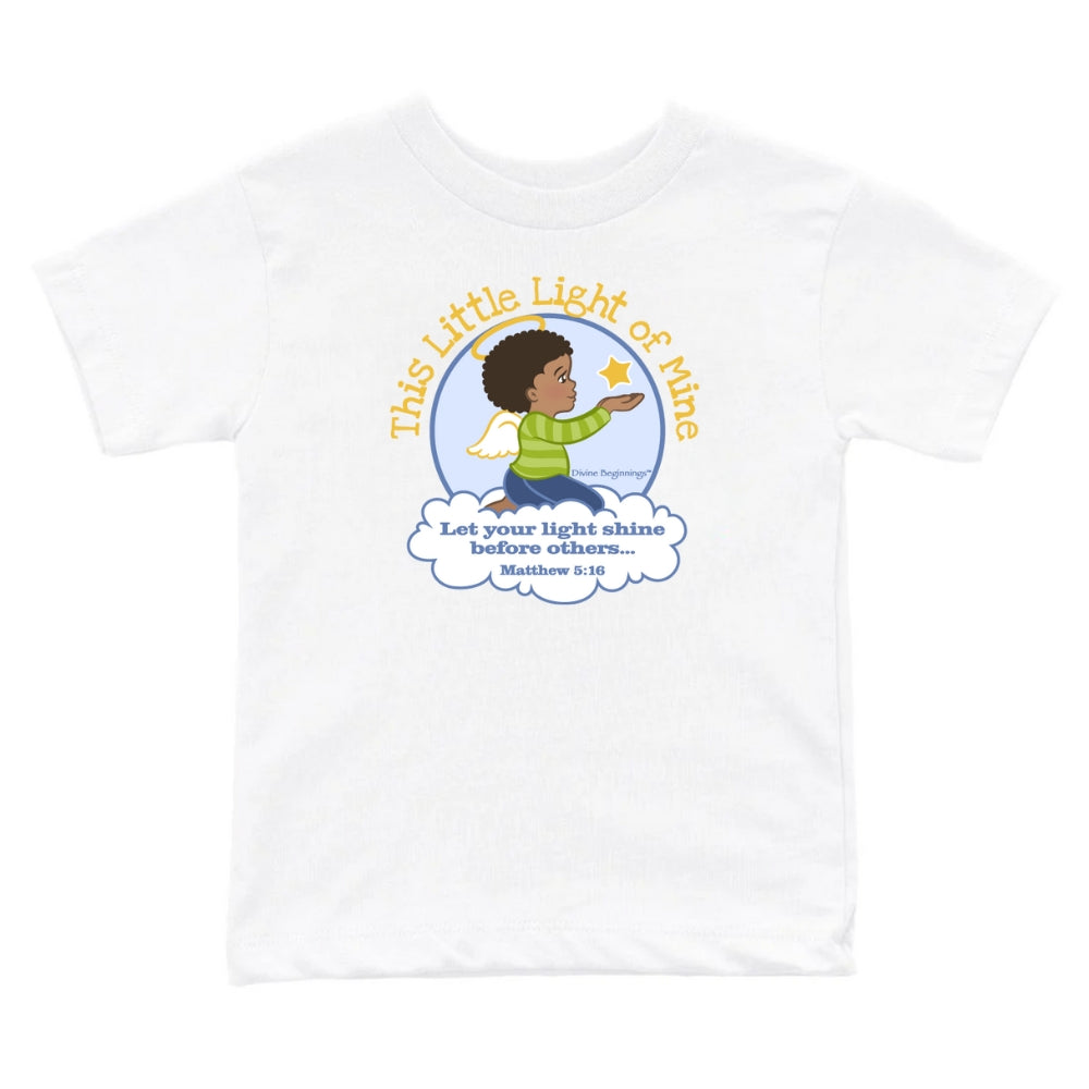 White t-shirt with a child holding a star design and text on a white background
