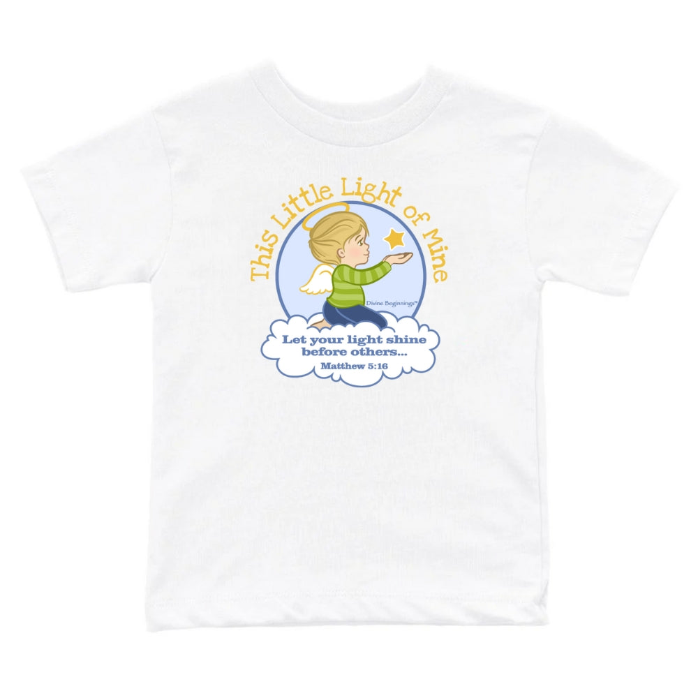 White t-shirt with a child holding a star design and text on a white background
