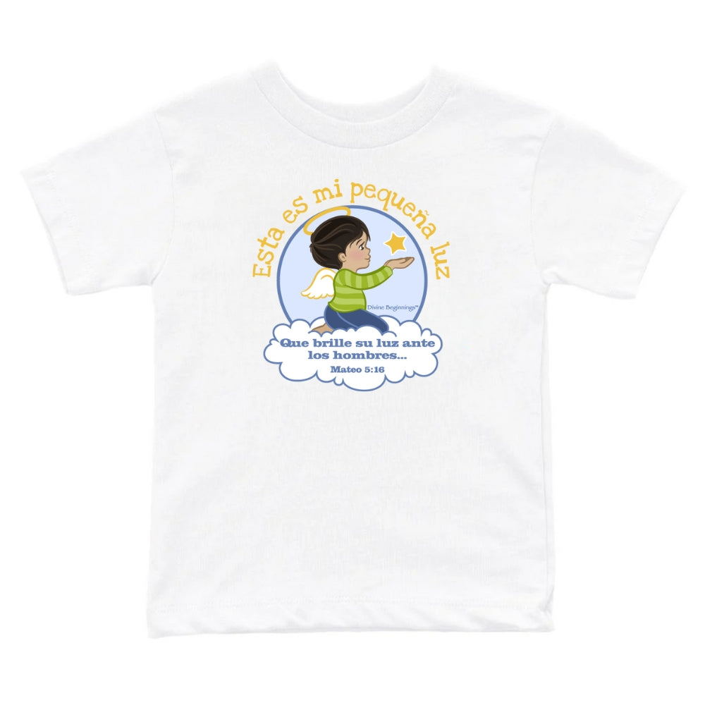 White t-shirt with a child holding a star graphic and text on a white background
