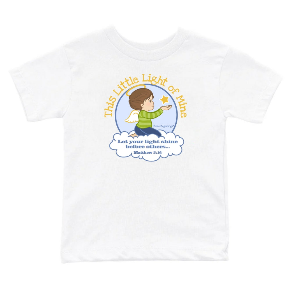 White t-shirt with a child holding a star design and text on a white background
