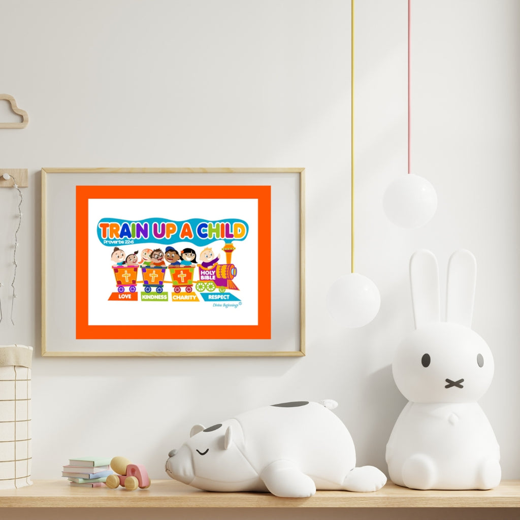 Framed poster with colorful design on a shelf with decorative items