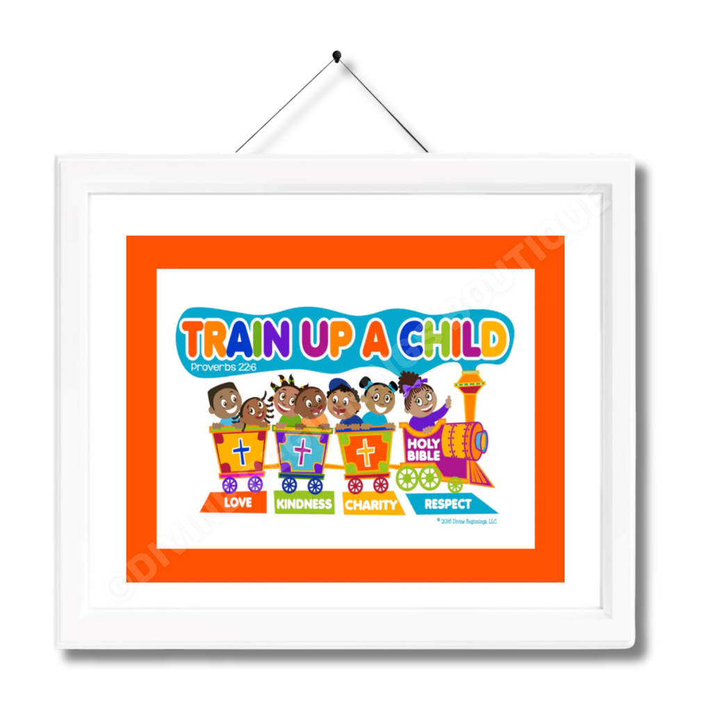 Framed artwork featuring an orange and black color scheme with an illustration of children and a train, alongside the text 'TRAIN UP A CHILD'.