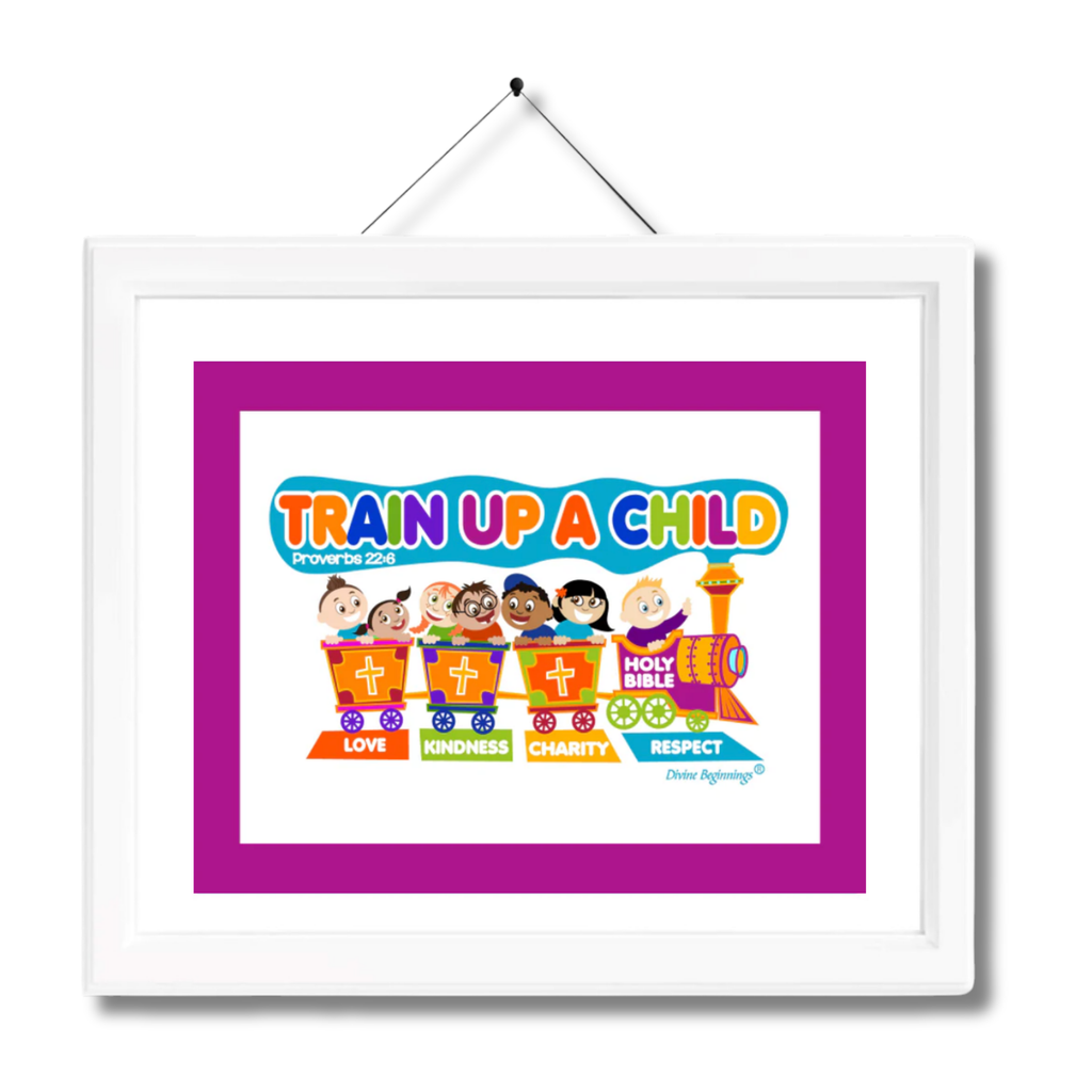 A framed print with the title 'Train Up a Child' featuring diverse children and educational elements, with a white mat and frame.