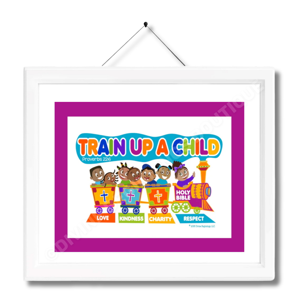 A framed print with the title 'Train Up a Child' featuring colorful artwork with multiple children and a train, with a white mat and no frame included.