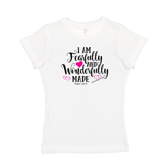 Girls Christian T-shirt -'I Am Fearfully and Wonderfully Made' (Black with Pink Accents)