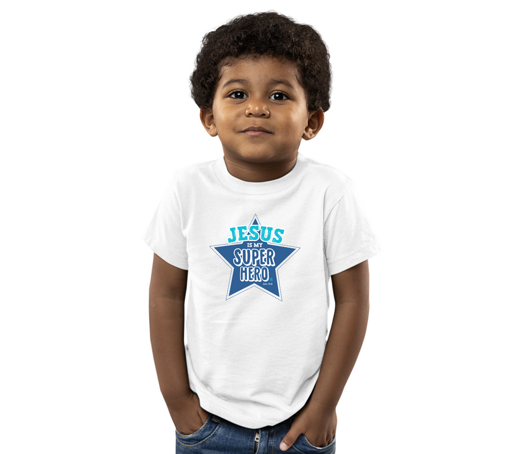 kid wearing Jesus is my superhero
