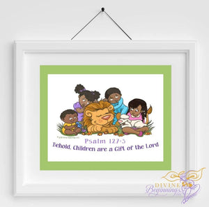Christian Artwork - Behold, Children are a Gift - Green - Black Children - Divine Beginnings, LLC