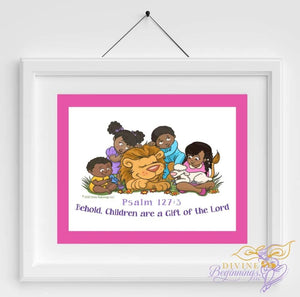 Christian Artwork - Behold, Children are a Gift - Pink - Black Children - Divine Beginnings, LLC
