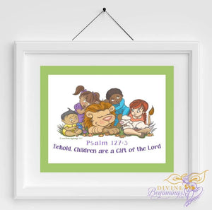 Christian Artwork - Behold, Children are a Gift - Green - Diverse Children - Divine Beginnings, LLC