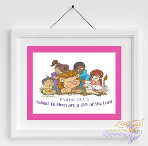 Christian Artwork - Behold, Children are a Gift - Pink - Diverse Children - Divine Beginnings, LLC