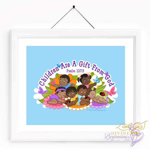 Christian Artwork - Children are a Gift From God - Blue - Black Children - Divine Beginnings, LLC