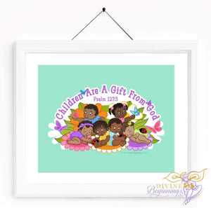 Christian Artwork - Children are a Gift From God - Green - Black Children - Divine Beginnings, LLC